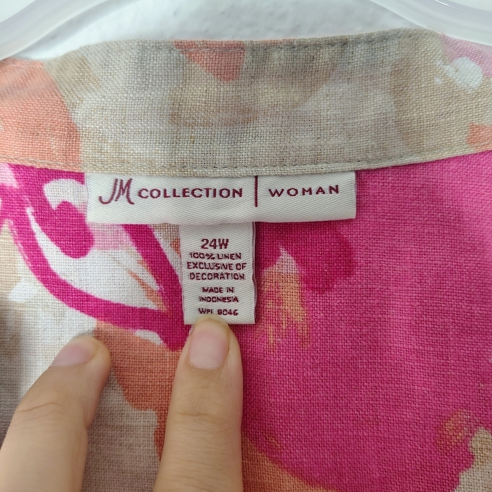 JM Collection Woman 100% Linen Floral Blouse Pink Orange Plus Size 24W Boho Top - Picture 6 of 16